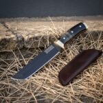 Pitchpoint Hand Forged Blackened Tanto Knife with Buffalo Horn Scales & Brass Bolster | About 11 Inches Overall | Etched Knotwork and Leather Belt Sheath | Outdoor Gift | RK-2201