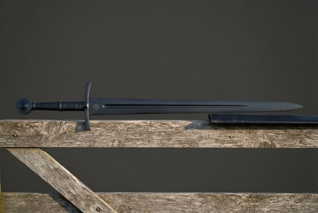 Blackened valknut sword with a dark fullered blade, a black corded grip and a round pommel, resting on a weathered timber fence rail against a grey sky