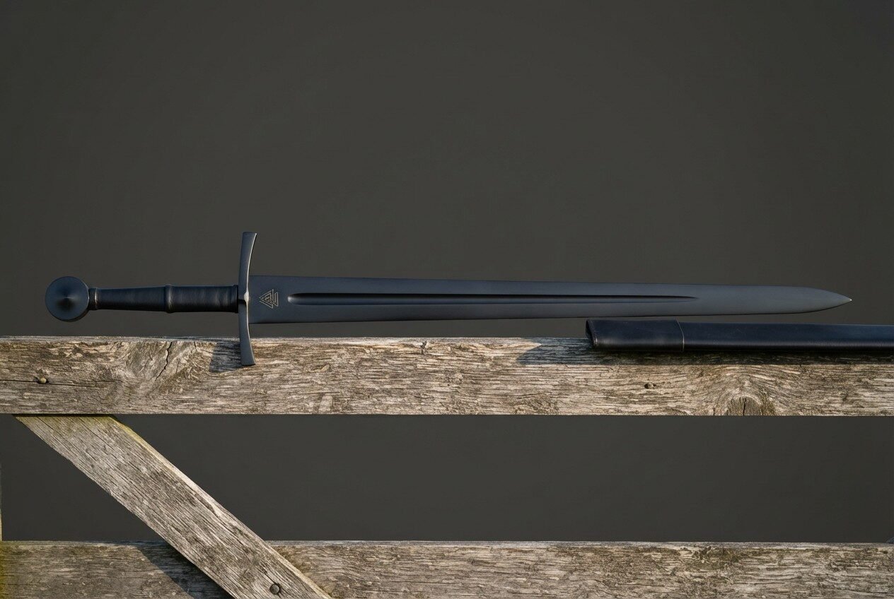 Blackened valknut sword with a dark fullered blade, a black corded grip and a round pommel, resting on a weathered timbe Blackened valknut sword with a dark fullered blade, a black corded grip and a round pommel, resting on a weathered timber fence rail against a grey sky