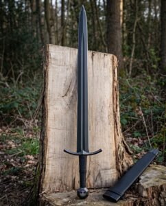 Blackened yggdrasil sword standing point down against a cut log in woodland showing its tree of life pommel, cord wrapped grip and black leather scabbard