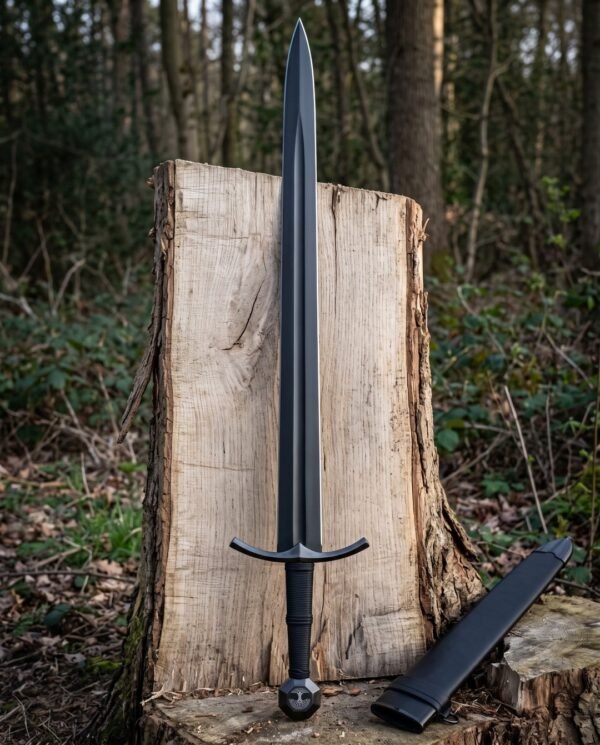 Blackened yggdrasil sword standing point down against a cut log in woodland showing its tree of life pommel, cord wrapped grip and black leather scabbard