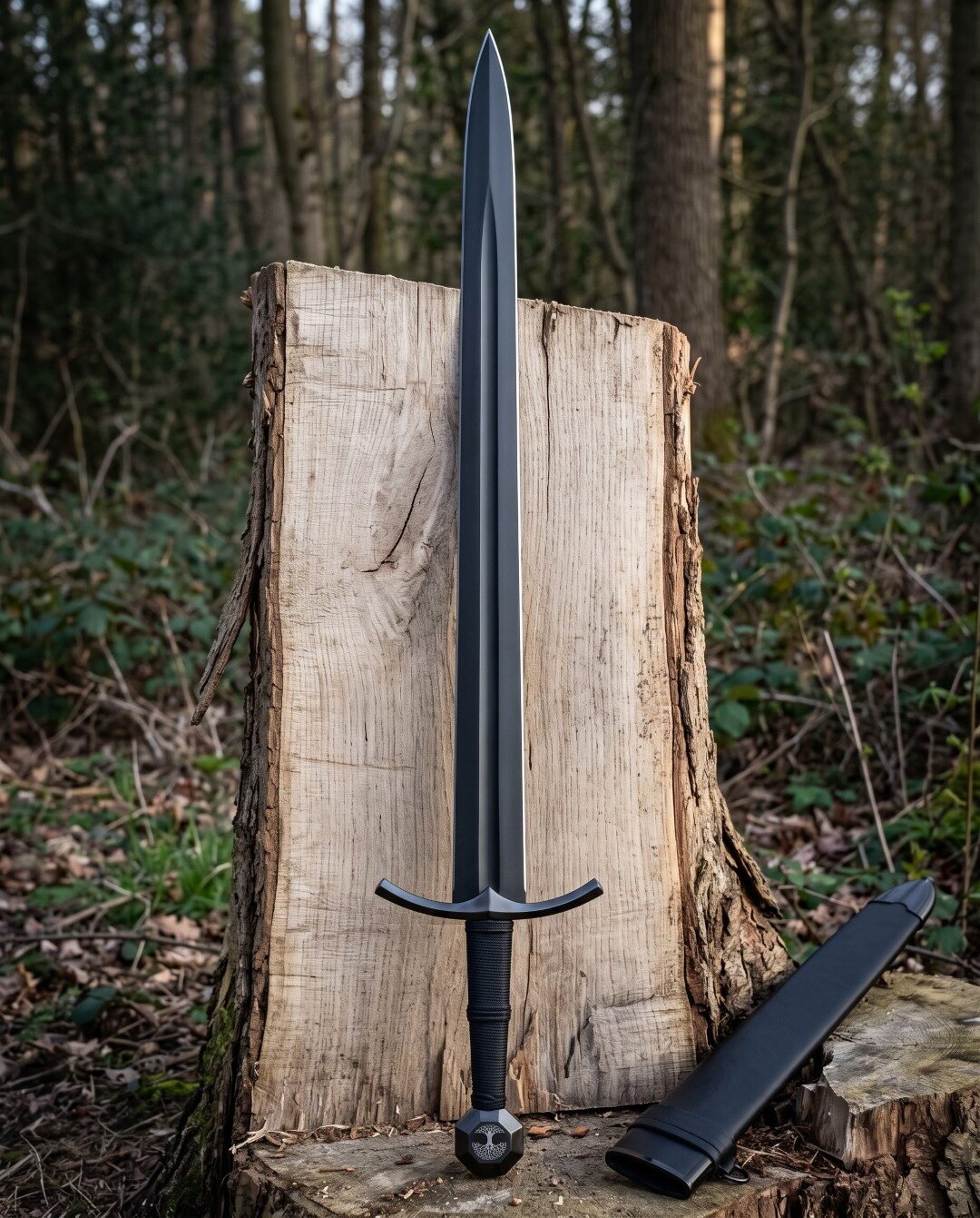 Blackened yggdrasil sword standing point down against a cut log in woodland showing its tree of life pommel, cord wrappe Blackened yggdrasil sword standing point down against a cut log in woodland showing its tree of life pommel, cord wrapped grip and black leather scabbard