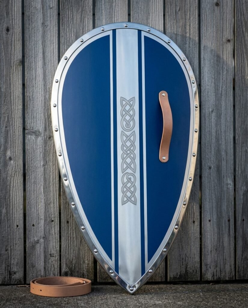 Blue and polished steel Norman kite shield with a riveted rim, Celtic knotwork centre band and tan leather grip standing against a weathered grey wooden fence