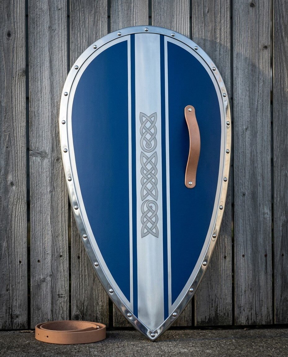Blue and polished steel Norman kite shield with a riveted rim, Celtic knotwork centre band and tan leather grip standing Blue and polished steel Norman kite shield with a riveted rim, Celtic knotwork centre band and tan leather grip standing against a weathered grey wooden fence