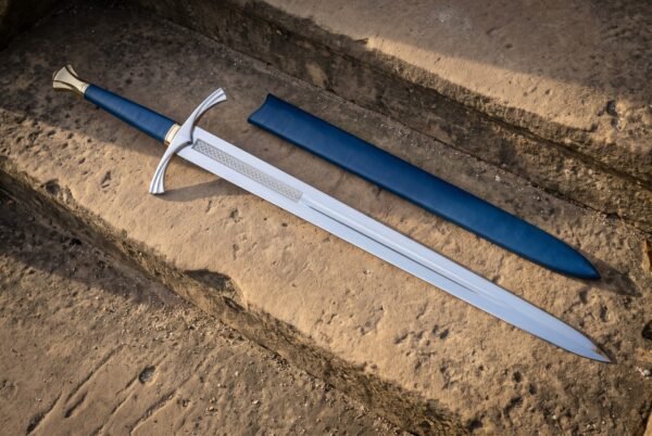 Indigohilt Hand Forged 1095 Steel Medieval Longsword | 40 Inch Overall with 31 Inch Blade | Blue Leather Grip and Scabbard, Brass Pommel and Etched Ricasso Panel | Knight Gift | RK-1956