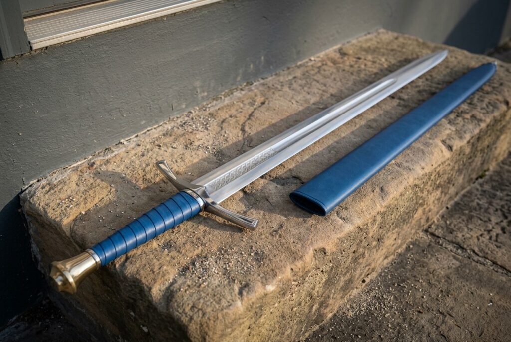 Blue leather Viking sword in 1095 steel with a faceted brass pommel and knotwork etched blade lying on a stone step beside its matching blue leather scabbard