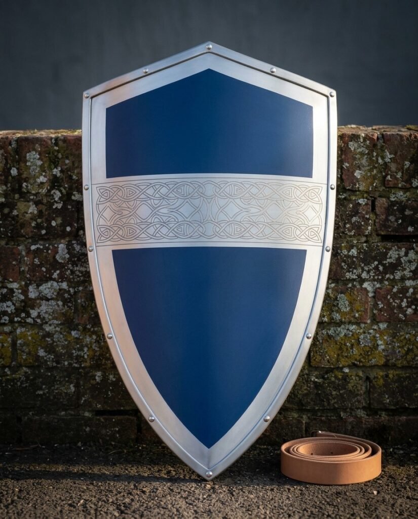 Blue painted steel heater shield with a riveted polished border and engraved Celtic knot band leaning against a lichened brick wall beside a coiled leather strap