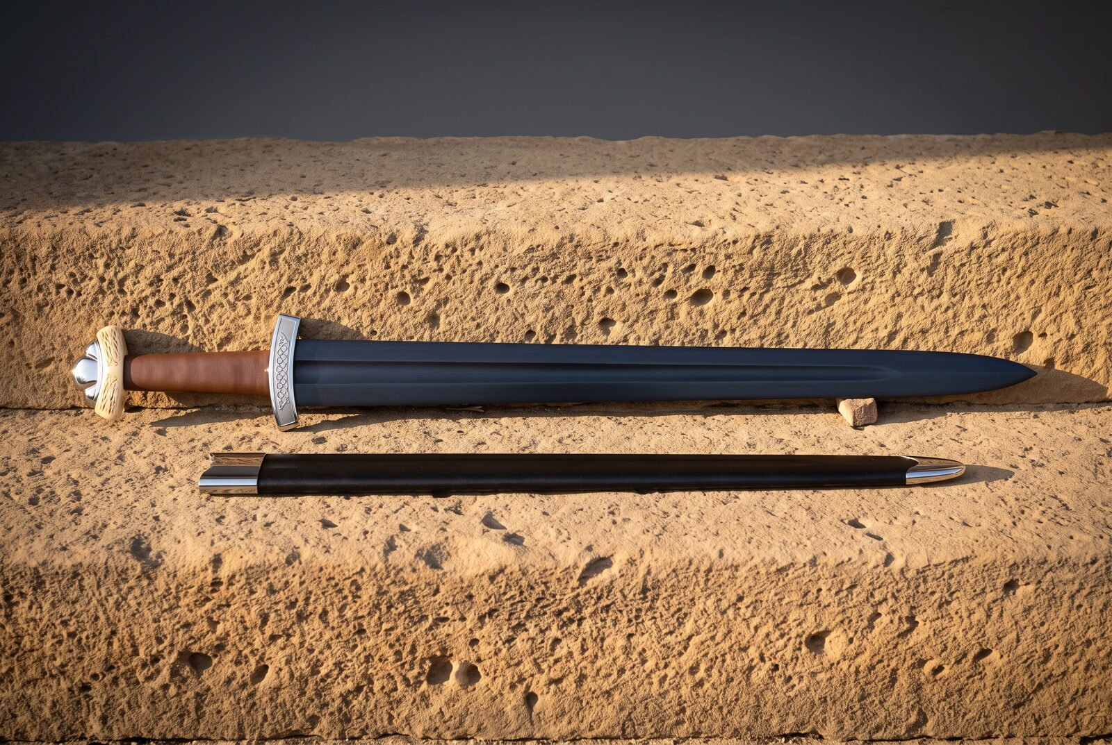 Blued viking sword with a lobed pommel and tan leather grip lying beside its black leather scabbard on a warm sandstone Blued viking sword with a lobed pommel and tan leather grip lying beside its black leather scabbard on a warm sandstone ledge in low evening light