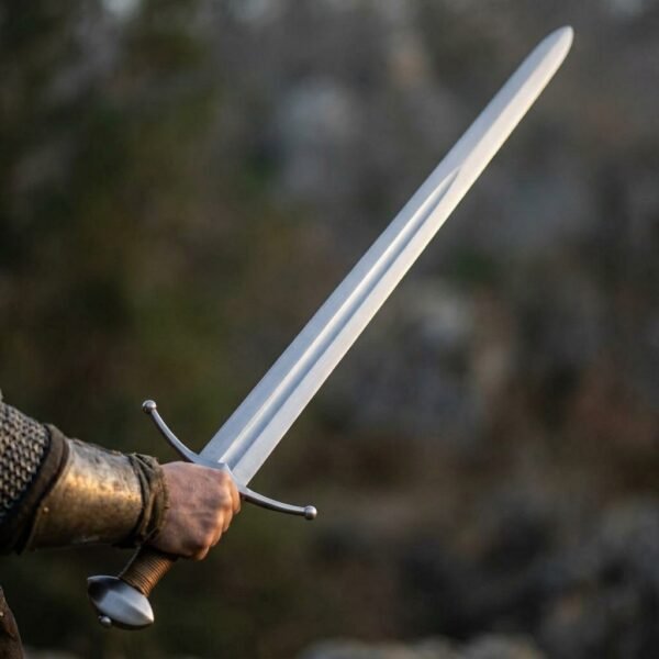 Blunt arming sword trainer with broad fuller, ball tipped cross guard and tan cord grip held by an armoured hand