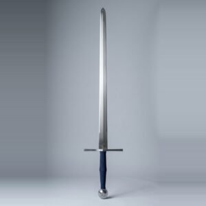 Blunt longsword trainer with a flat diamond section double edged blade, wheel pommel with a raised boss and navy cord wrapped two hand grip on a plain studio backdrop