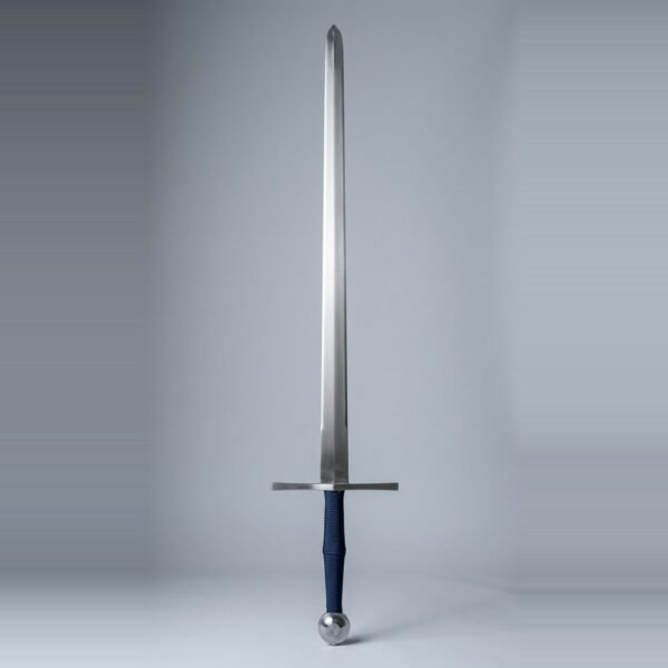 Blunt longsword trainer with a flat diamond section double edged blade, wheel pommel with a raised boss and navy cord wrapped two hand grip on a plain studio backdrop