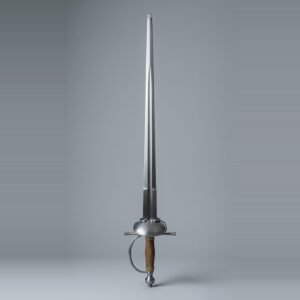 Blunt smallsword trainer with a plain oval dish, arms of the hilt, stepped forte, brass wire wrapped grip and urn pommel standing point up against a plain grey studio backdrop