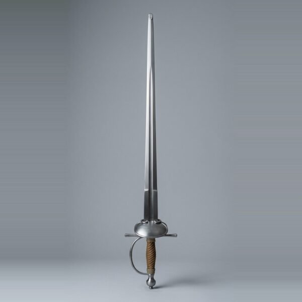 Blunt smallsword trainer with a plain oval dish, arms of the hilt, stepped forte, brass wire wrapped grip and urn pommel standing point up against a plain grey studio backdrop