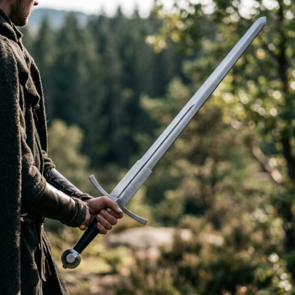 Blunt steel longsword with a curved guard and wheel pommel held point up by a man in a green wool tunic, pine forest behind