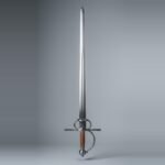 Bolognese sidesword trainer with two finger rings, a knuckle bow and russet leather wrapped grip standing point up against a plain grey studio backdrop