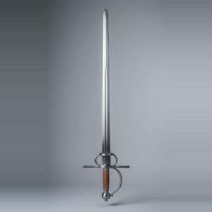 Bolognese sidesword trainer with two finger rings, a knuckle bow and russet leather wrapped grip standing point up against a plain grey studio backdrop