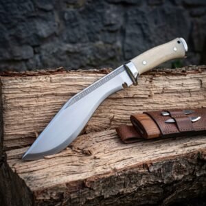Bone handle kukri knife in satin polished high carbon steel with rune etched spine, three pin scales, steel bolster and brown leather sheath resting on a split log