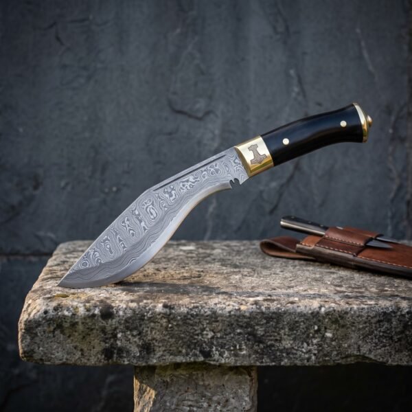 Brass bolster damascus kukri with a ring and eye patterned blade, Mjolnir cut into the brass bolster, black buffalo horn handle and leather sheath on a stone bench