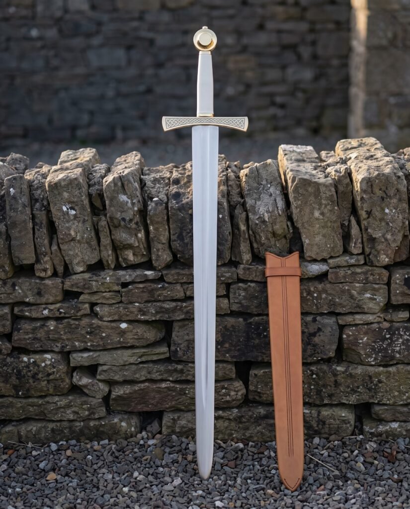 Brass hilt arming sword with a wheel pommel and pale polished grip standing point down against a dry stone wall beside its tan leather scabbard