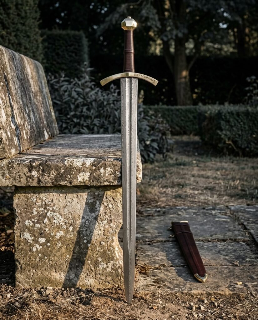 Brass hilt damascus sword standing point down in a walled garden showing feather pattern steel, rune cut brass guard and oxblood leather grip and scabbard