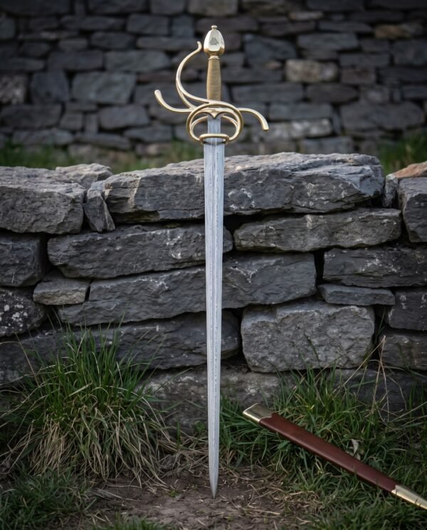 Brass hilt rapier with a folded Damascus blade standing point down in grass before a dry stone wall next to its brown leather scabbard