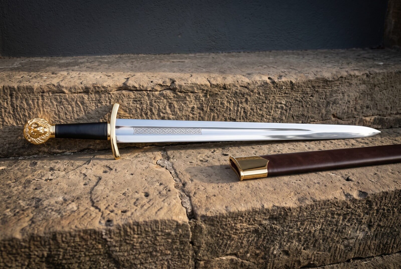 Brass hilted lion head short sword with a knotwork etched fuller and brown leather scabbard laid on warm sandstone block Brass hilted lion head short sword with a knotwork etched fuller and brown leather scabbard laid on warm sandstone blocks in low evening light