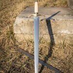 Brasslight Hand Forged 1095 Steel Brass Hilted Sword | Bell Pommel and Downswept Guard | Ribbed Bone Toned Grip with Engraved Knotwork Bands | Fantasy Collector Gift | RK-1802