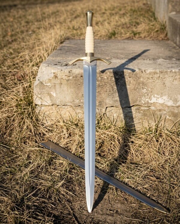Brass hilted sword in hand forged 1095 steel with a bell pommel and ribbed bone toned grip standing point down in dry grass by a concrete block