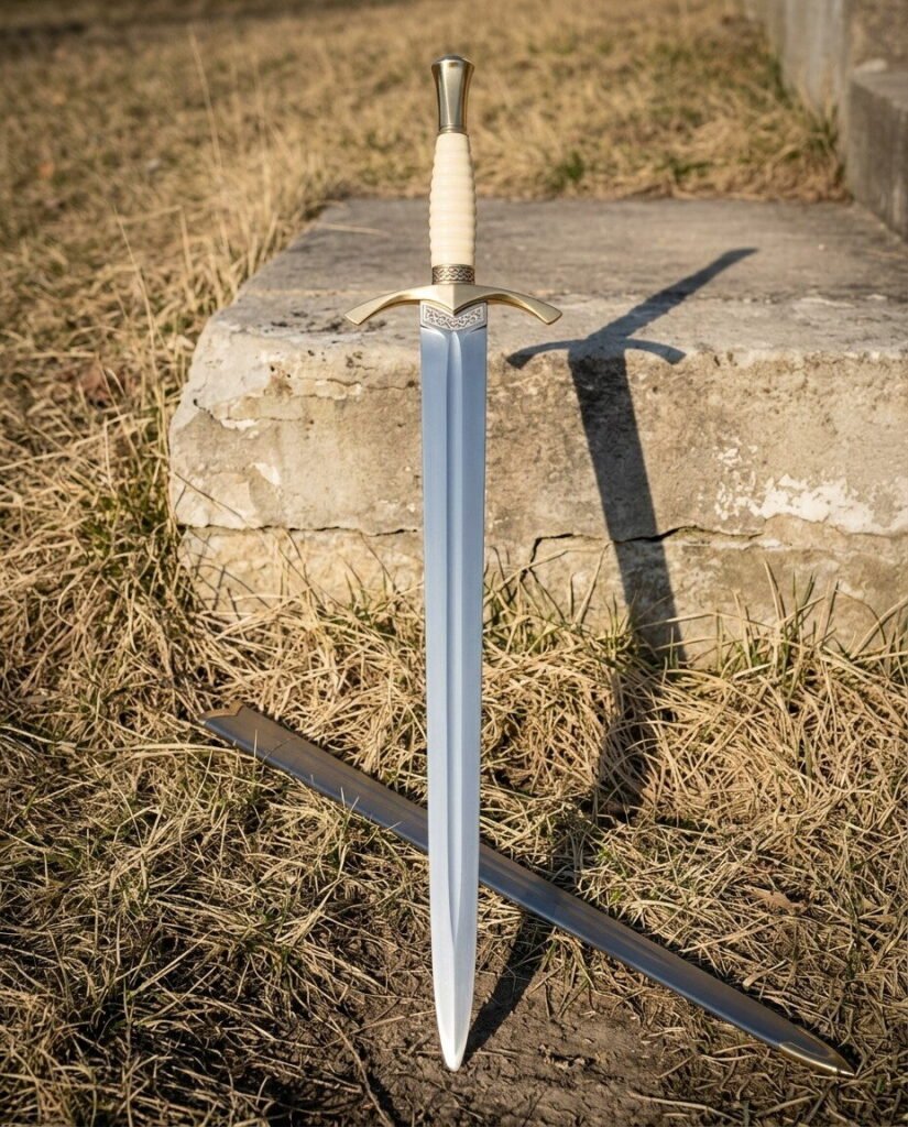 Brass hilted sword in hand forged 1095 steel with a bell pommel and ribbed bone toned grip standing point down in dry grass by a concrete block