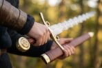 Brass side ring hilt and wheel pommel of a flamberge sword held in one hand with its red leather scabbard in the other
