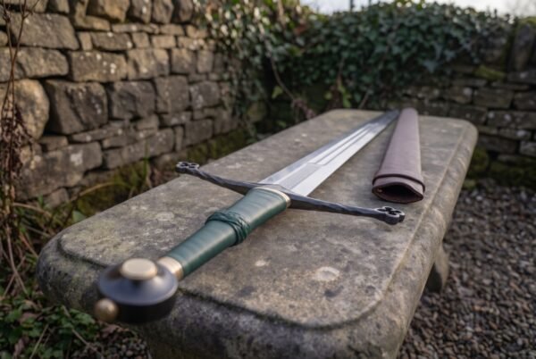 Bright polished arming sword blade carrying three narrow parallel fullers and a framed Celtic interlace band