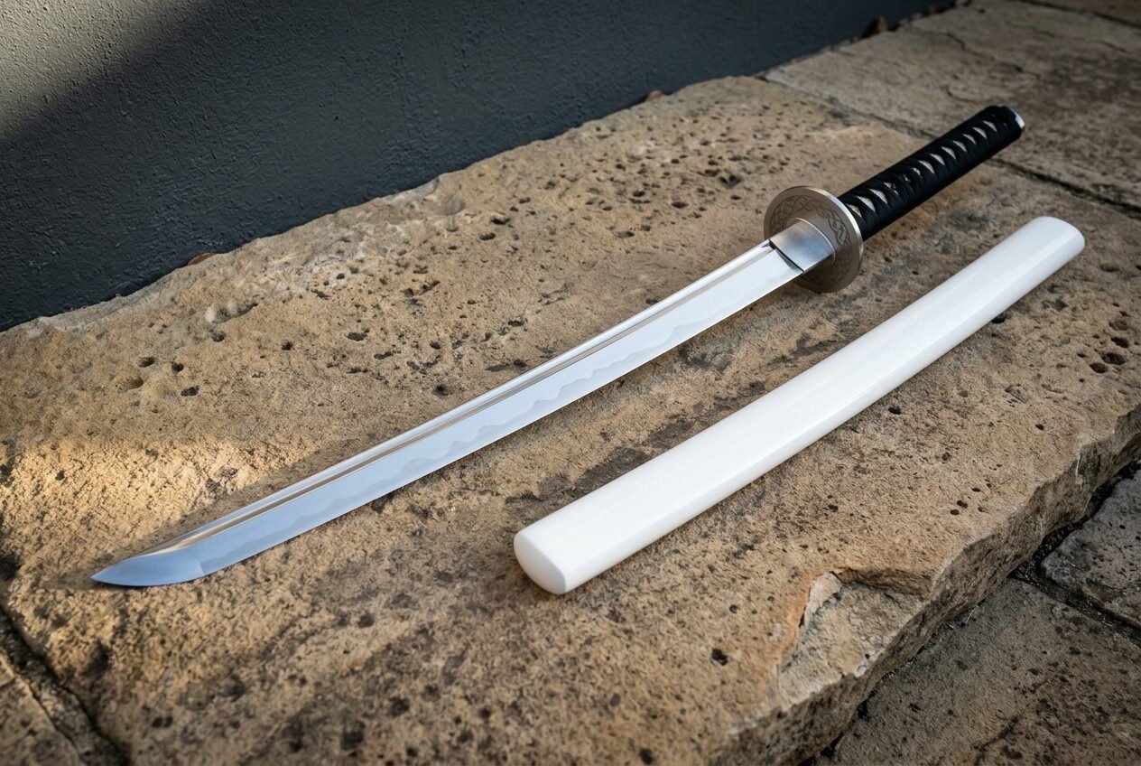 Bright polished white saya wakizashi in clay quenched 1095 steel showing a wave hamon along the edge, laid on a sunlit s Bright polished white saya wakizashi in clay quenched 1095 steel showing a wave hamon along the edge, laid on a sunlit sandstone ledge with its gloss scabbard