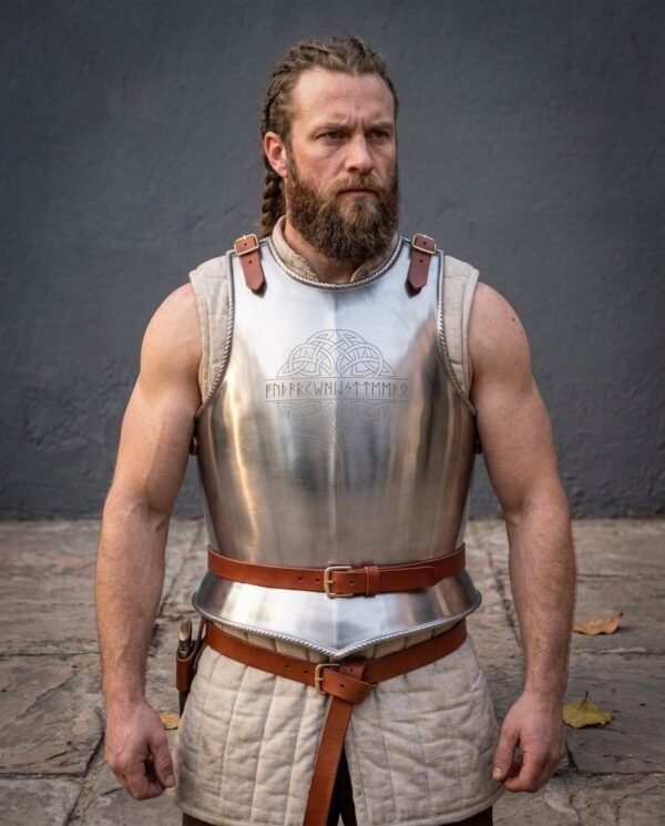 Bright steel breastplate with chased knotwork and rune lettering on the chest, worn over a quilted tunic by a bearded man with braided hair