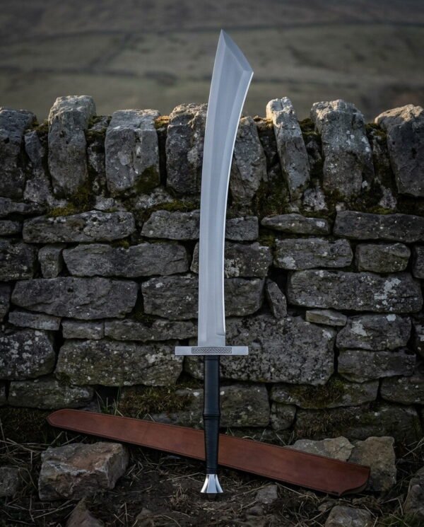 Broad curved viking scimitar with a knotwork engraved crossguard and black leather grip standing against a dry stone wall above a long brown leather scabbard