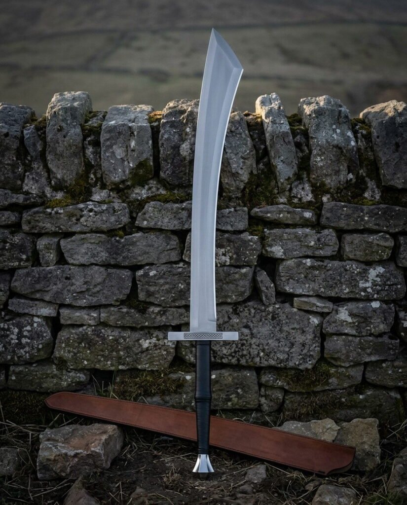 Broad curved viking scimitar with a knotwork engraved crossguard and black leather grip standing against a dry stone wall above a long brown leather scabbard