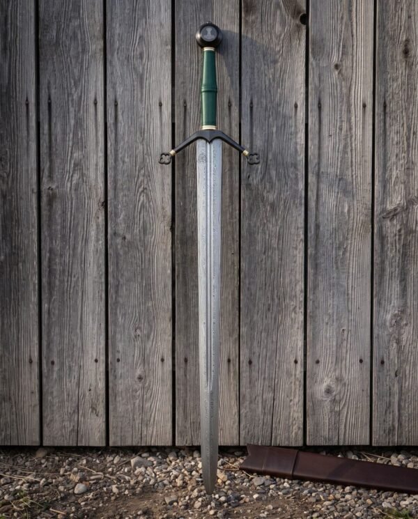 Broad Damascus blade with a long central fuller under a blackened scrolled crossguard