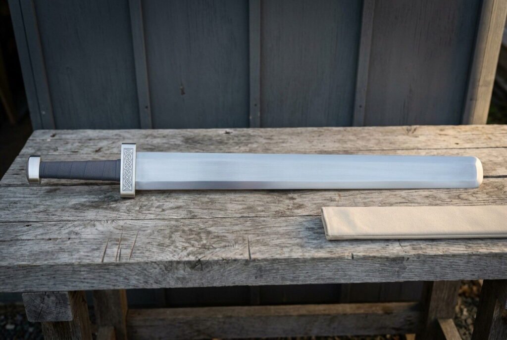 Broad hand forged viking sword with a Celtic knotwork guard and block pommel lying on a weathered wooden bench beside a linen wrapped scabbard