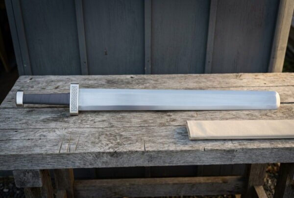 Broad hand forged viking sword with a Celtic knotwork guard and block pommel lying on a weathered wooden bench beside a linen wrapped scabbard