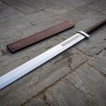 Broadsax Hand Forged 1095 Steel Viking Langseax | 28 Inch Overall with 22 Inch Broken Back Blade | Leather Wrapped Grip, Knotwork Etching and Fitted Scabbard | Norse Gift | RK-1958