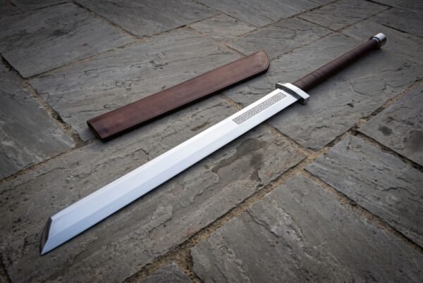 Broadsax Hand Forged 1095 Steel Viking Langseax | 28 Inch Overall with 22 Inch Broken Back Blade | Leather Wrapped Grip, Knotwork Etching and Fitted Scabbard | Norse Gift | RK-1958