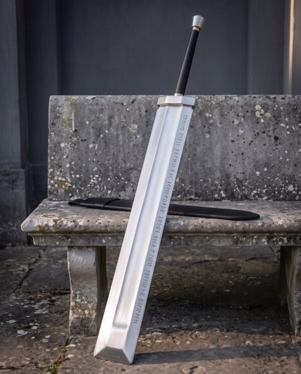 Broad slab greatsword with black grip and steel pommel leaning at an angle on a stone bench, rune etched flat facing out