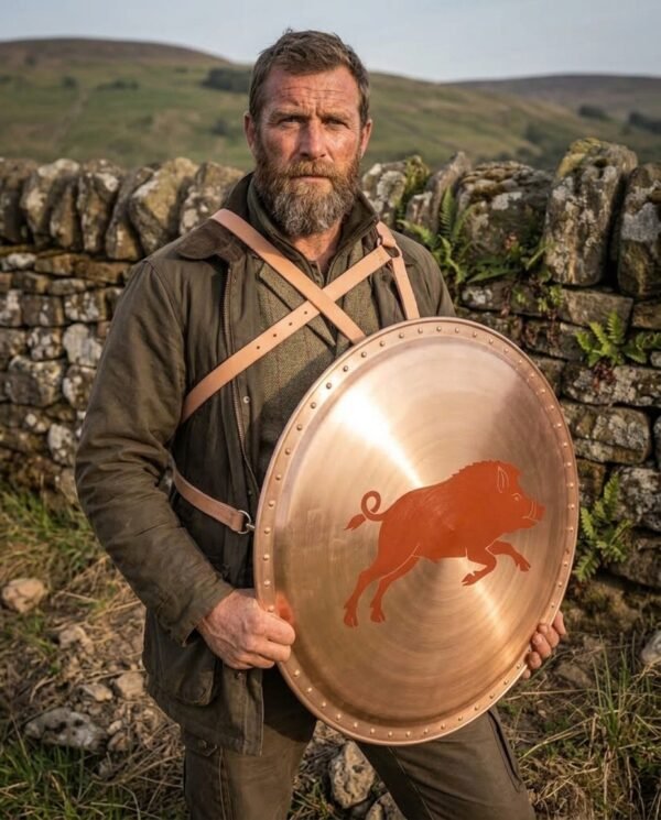 Bronze faced round hoplon shield with a painted red boar and riveted rim carried on leather straps by a bearded man in a green coat
