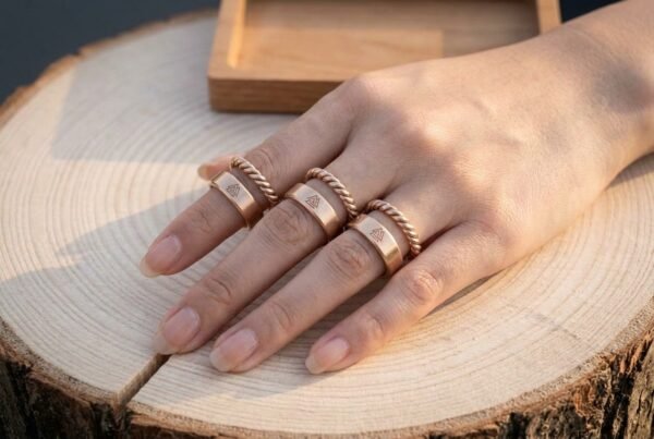 Bronze tone ring set of valknut stamped bands and twisted open cuffs worn on a hand resting on a sawn log with an oak tray
