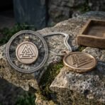 Bronze tone valknut pendant with raised triple triangle on a steel box chain, shown from above and side on a mossy rock
