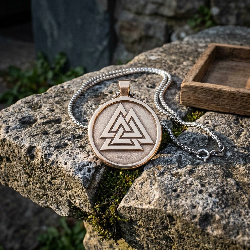 Bronze tone Valknut pendant with three interlocked triangles in relief on a steel box chain resting on a mossy stone wall beside a small wooden display box