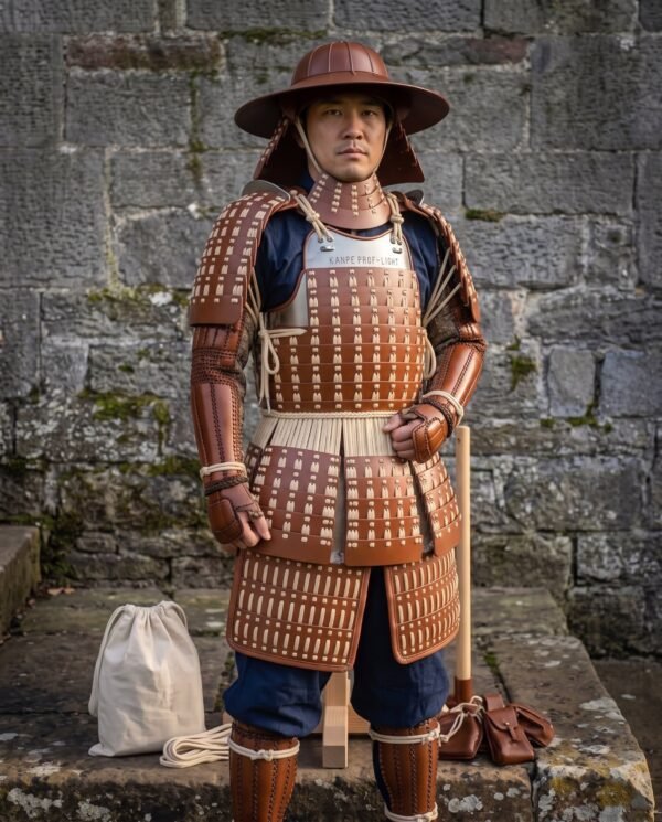 Brown leather lamellar samurai armour with cream lacing, wide brim helmet and arm guards worn by a man before a stone wall