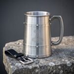 Aleholm Hand Made Stainless Steel Viking Tankard with Etched Mjolnir & Riveted Bands | 20 fl oz Capacity | Leather Belt Hanger Included | Groomsmen Gift | RK-1693
