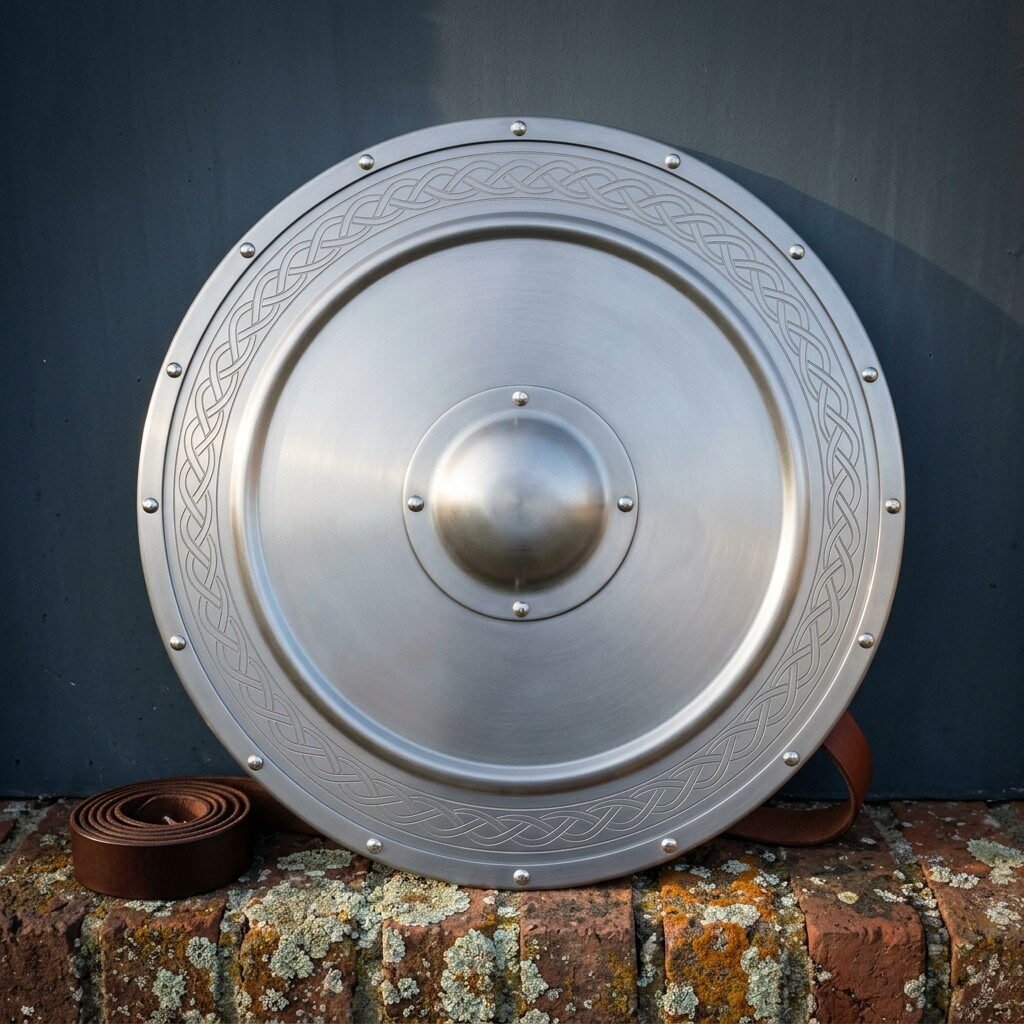 Brushed steel round shield with an engraved Celtic knotwork border, ringed rivets and a domed centre boss standing on a Brushed steel round shield with an engraved Celtic knotwork border, ringed rivets and a domed centre boss standing on a lichened brick wall beside a rolled leather strap
