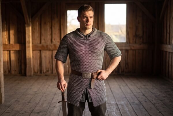 Butted mild steel chainmail hauberk with short sleeves worn with a brown leather belt by a man standing inside a timber barn