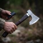 Carbon steel bearded axe with rune etched head held in one hand while the other holds its black leather edge cover